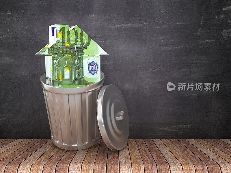 垃圾桶与欧洲拼图房子在黑板上的背景- 3D渲染
